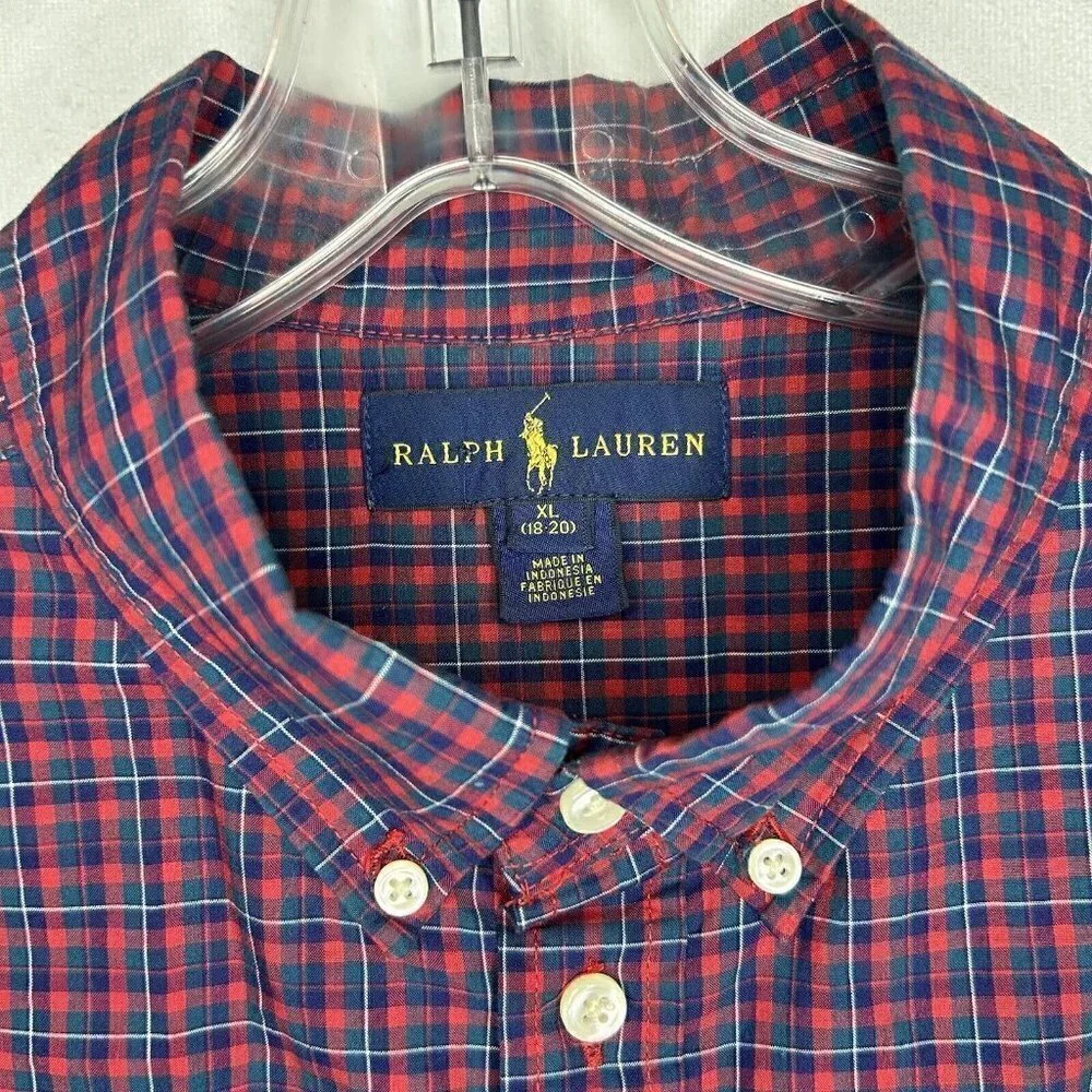 Ralph Lauren Boys Shirt XL 18-20 Red Plaid Cotton Long Sleeve Button Up Preppy